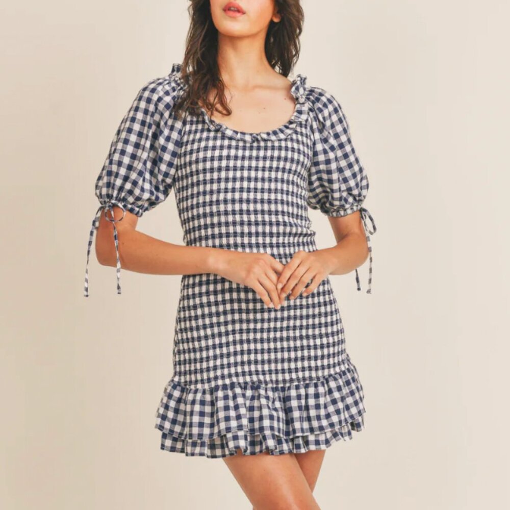 MABLE short sleeve gingham smocked mini dress